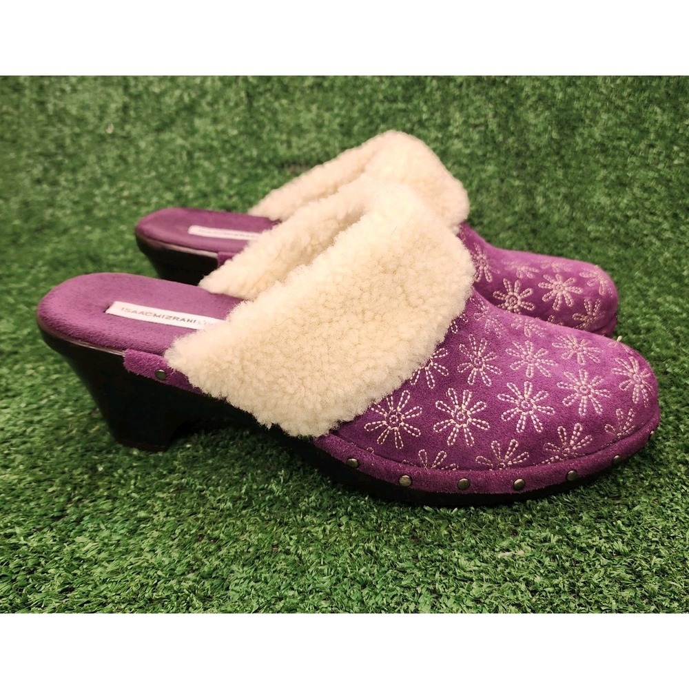 Womens Size 8.5 Isaac Mizrahi Live Clogs Oak Purple Suede Floral